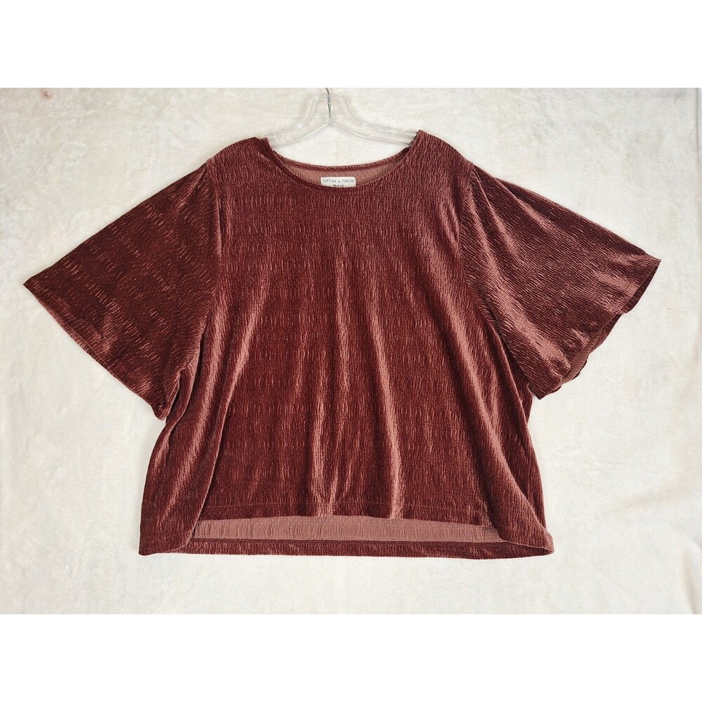 Madewell Texture & Thread Womens 3X Flutter Sleeve Stretch Velvet Top Rust Red